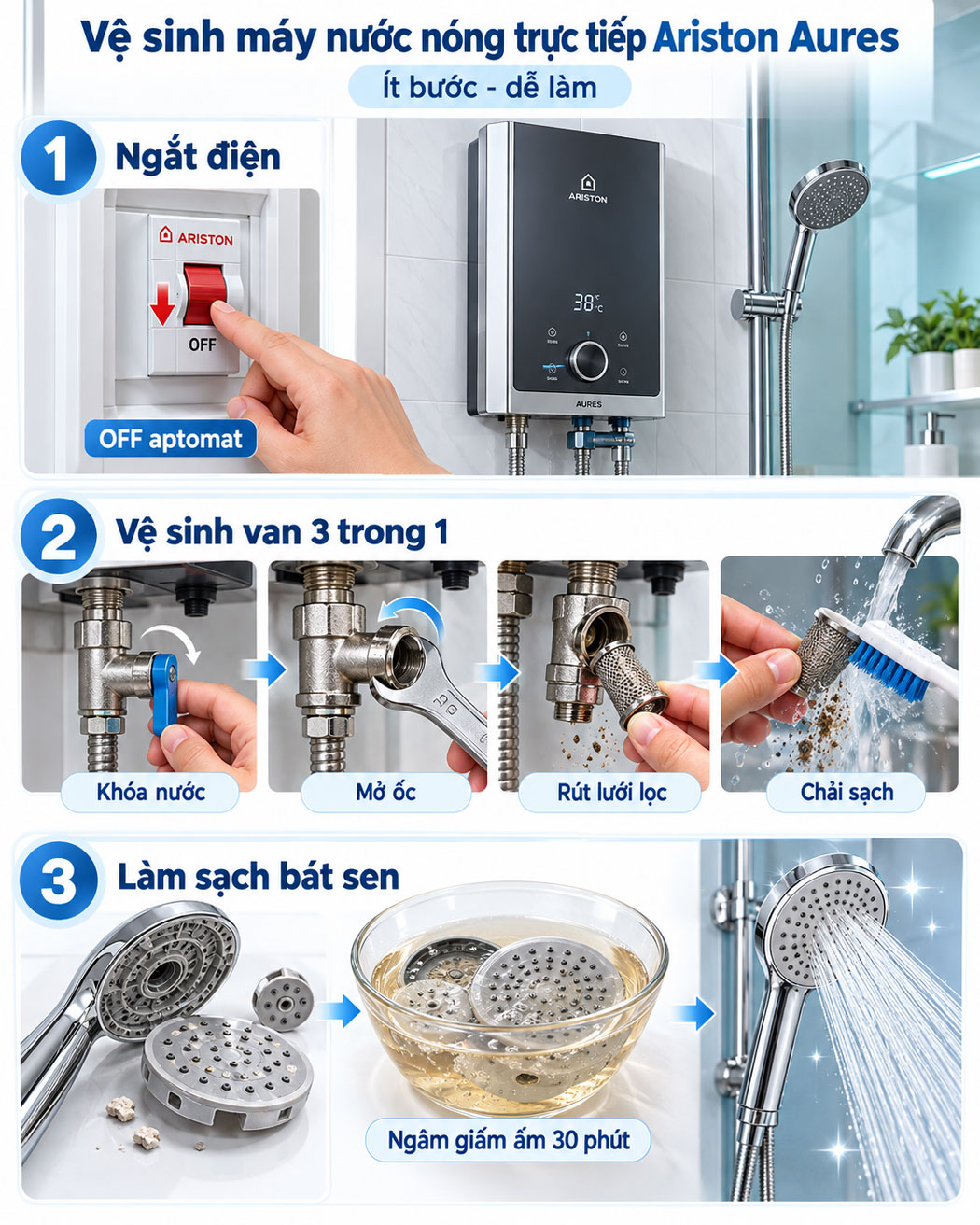 Hướng dẫn cách vệ sinh máy nước nóng Ariston trực tiếp (Aures Series)
