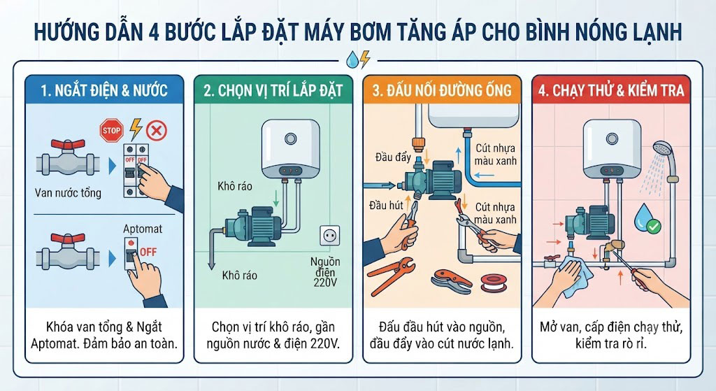 Hướng dẫn 4 bước thi công lắp đặt máy bơm tăng áp cho bình nóng lạnh