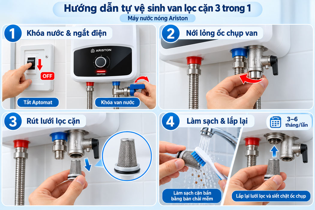 Hướng dẫn tự vệ sinh van lọc cặn 3 trong 1 của máy nước nóng Ariston
