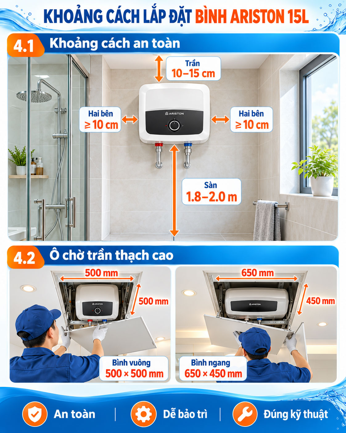 Khoảng cách kỹ thuật an toàn khi thi công lắp đặt bình Ariston 15L