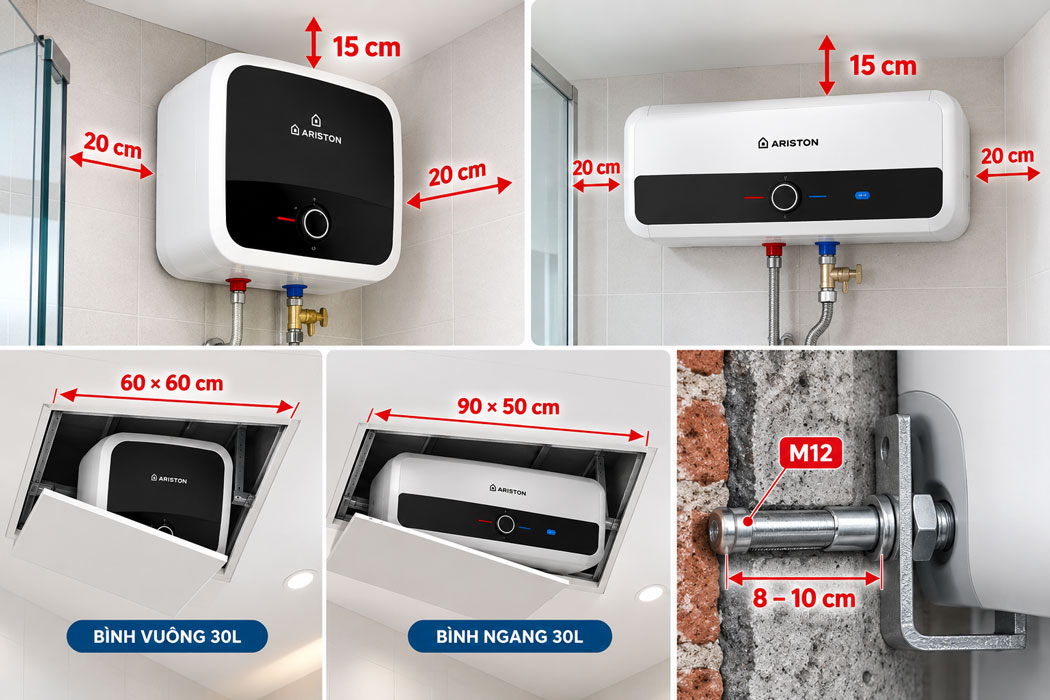 Khoảng cách kỹ thuật & Tiêu chuẩn thi công lắp đặt bình Ariston 30L