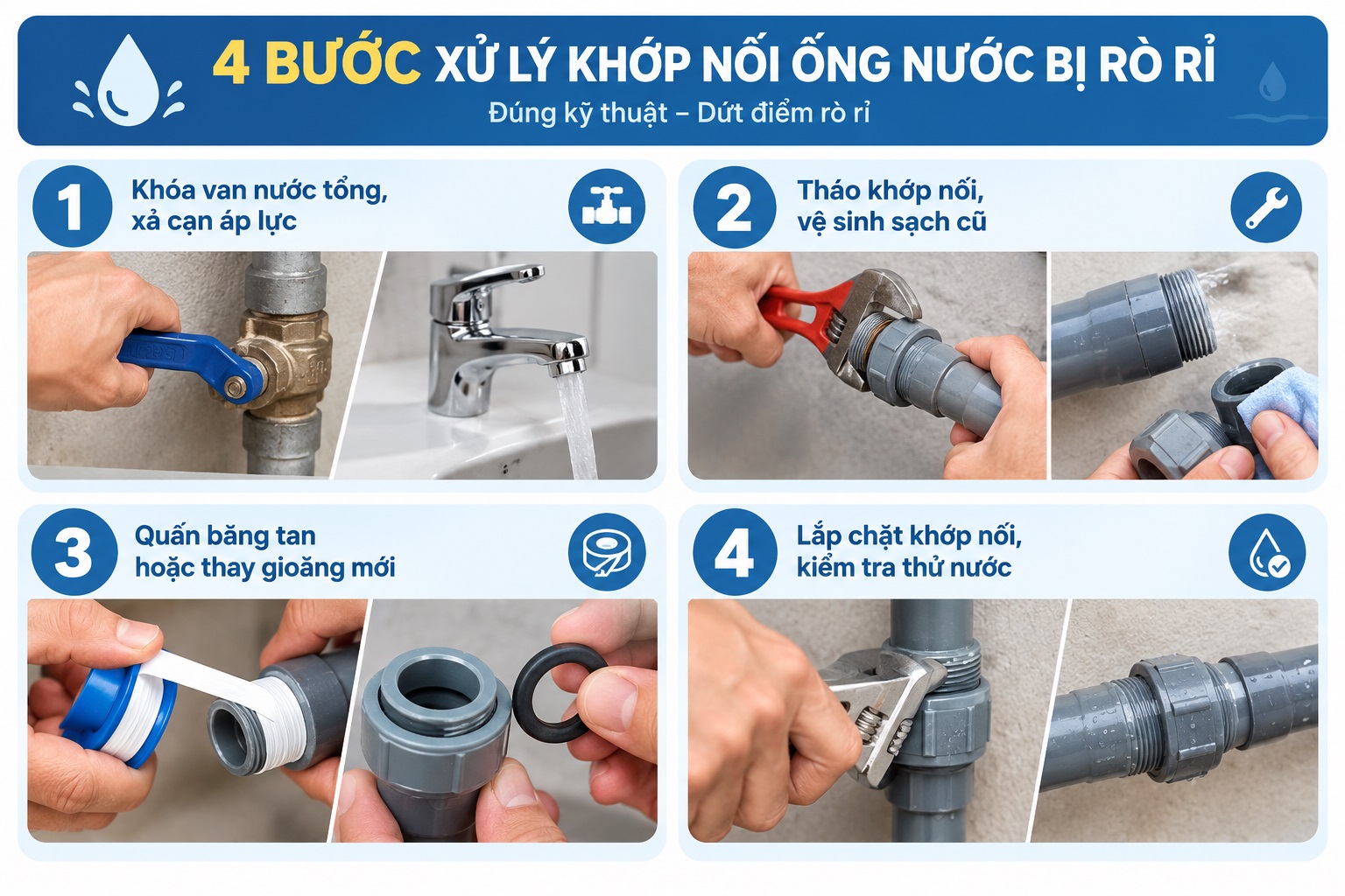 Quy trình 4 bước xử lý khớp nối ống nước bị rò rỉ chuẩn kỹ thuật