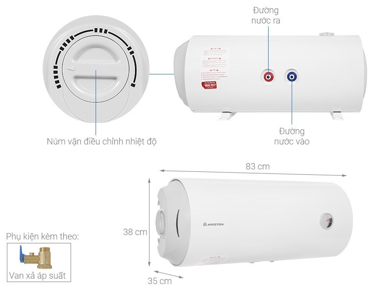 Chi tiết kích thước bình nóng lạnh Ariston 50L Dáng Ngang (PRO R 50SH Series)