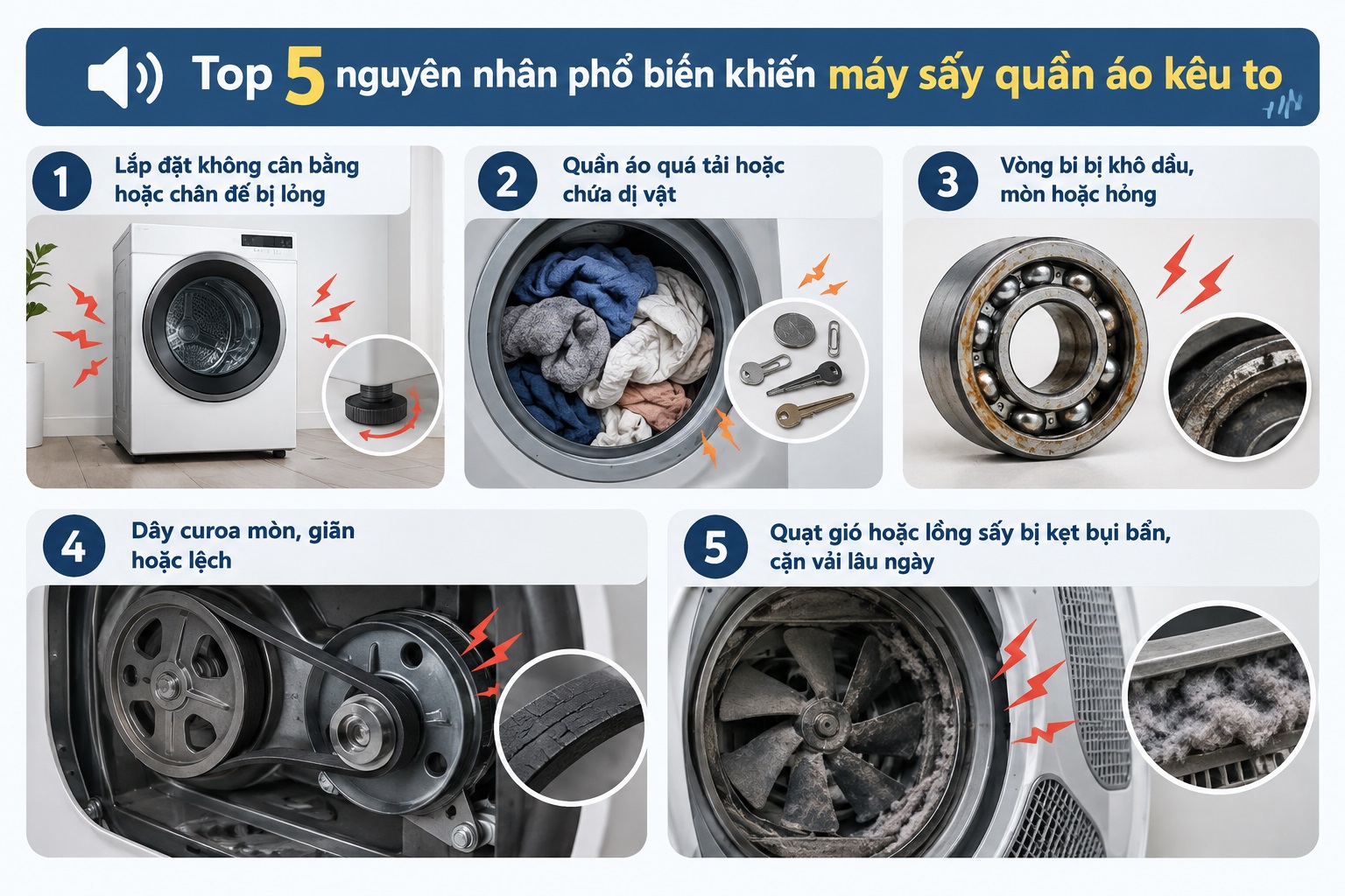 Top 5 nguyên nhân phổ biến khiến máy sấy quần áo kêu to