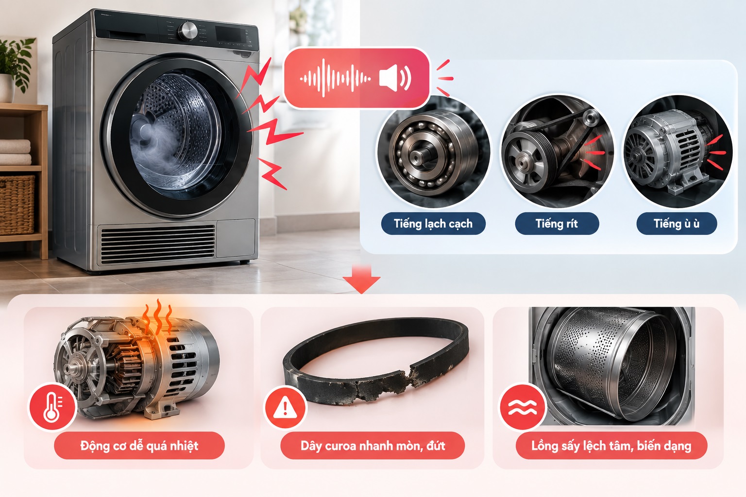 Tổng quan về hiện tượng máy sấy kêu to và tác hại nếu kéo dài