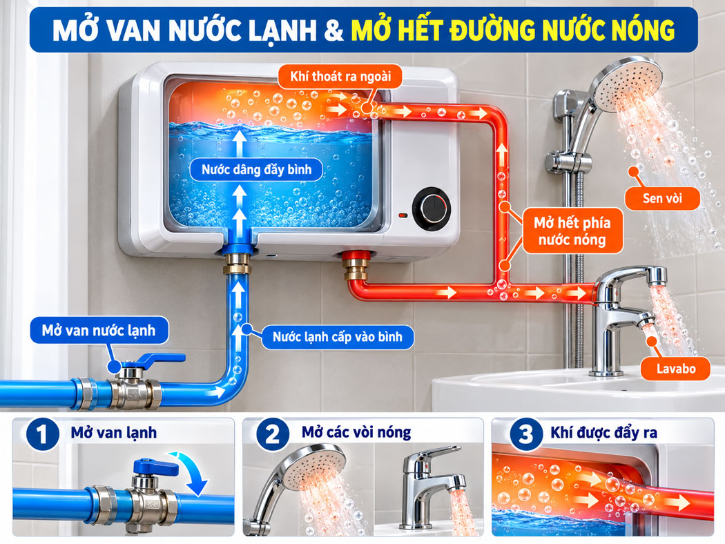 Mở van cấp nước lạnh và mở toàn bộ đường nước nóng ở sen vòi