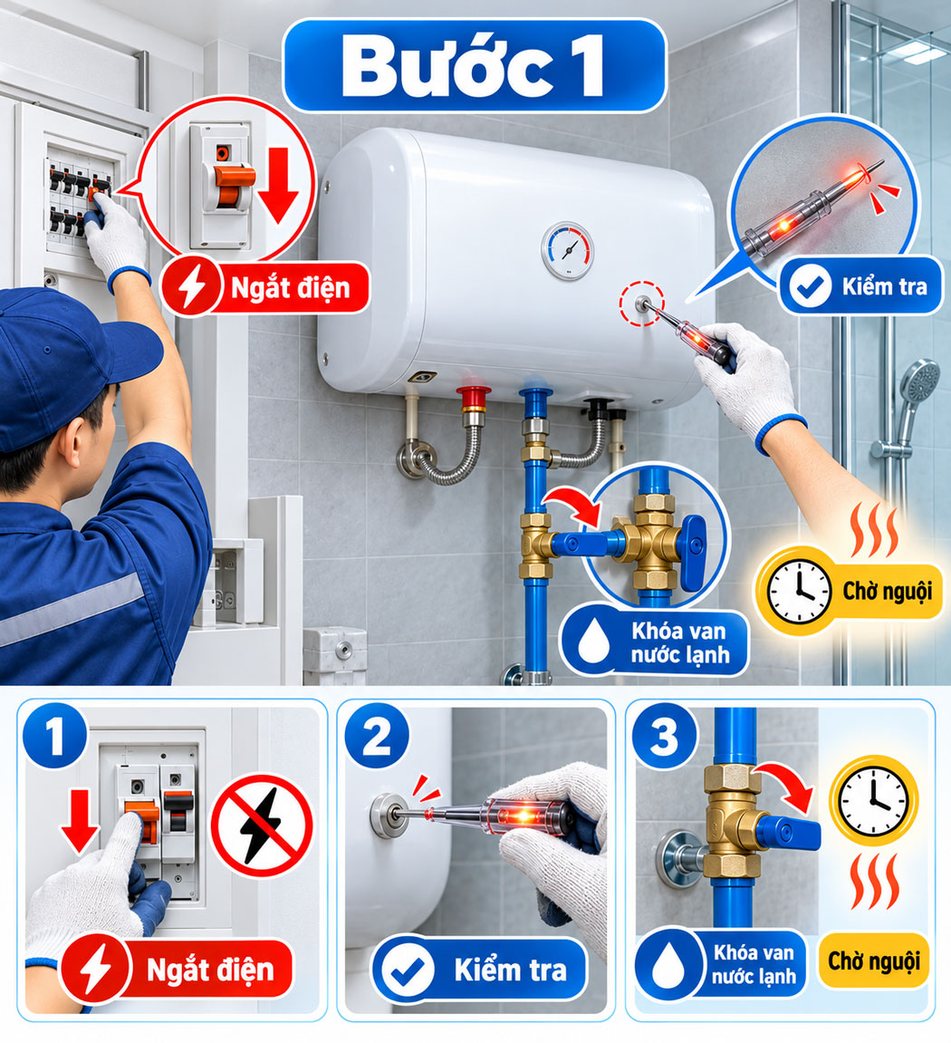 Ngắt Aptomat điện và khóa van cấp nước lạnh