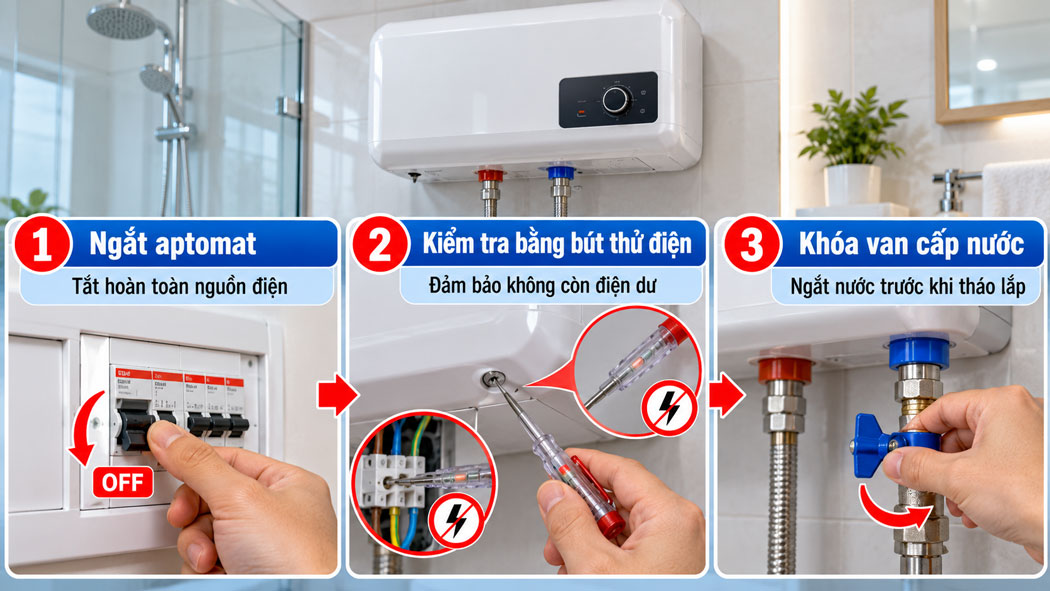 Ngắt hoàn toàn nguồn điện và khóa van cấp nước