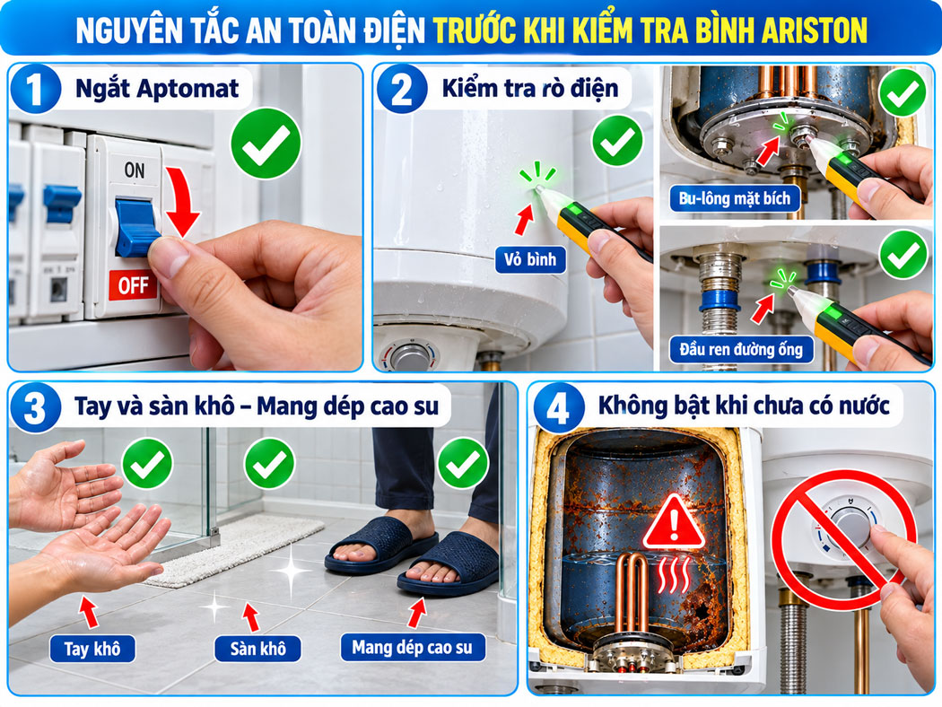Nguyên tắc an toàn điện trước khi kiểm tra bình Ariston