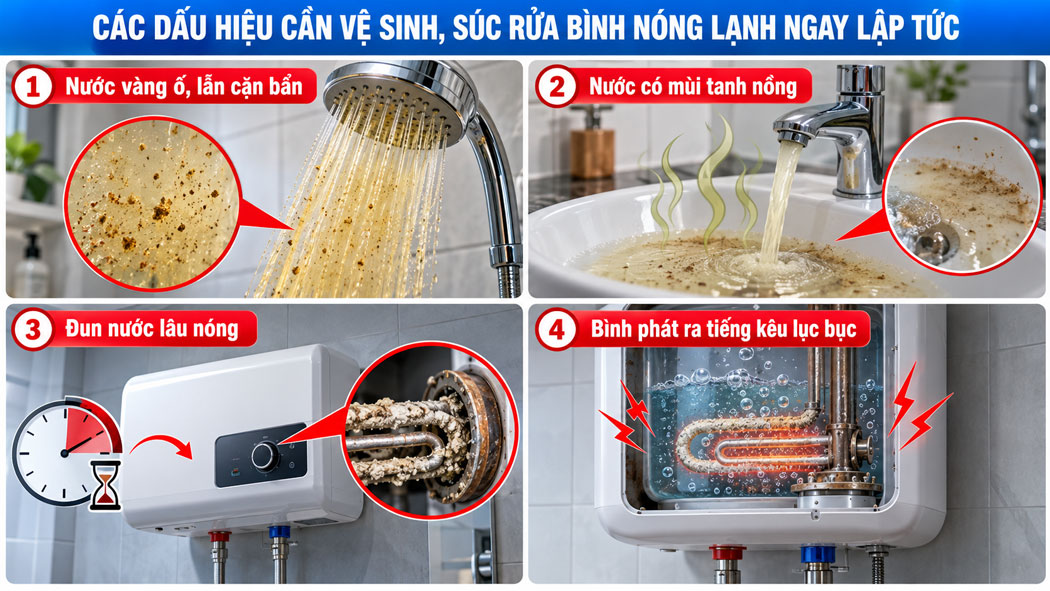 Các dấu hiệu cần vệ sinh, súc rửa bình nóng lạnh ngay lập tức