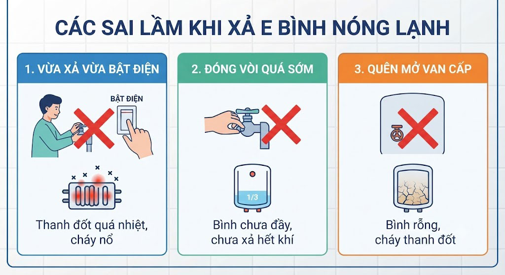 Những sai lầm nghiêm trọng cần tránh tuyệt đối khi xả e bình nóng lạnh