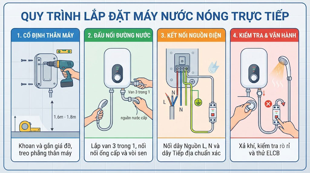 Quy trình 4 bước cách lắp đặt bình nóng lạnh trực tiếp chuẩn kỹ thuật
