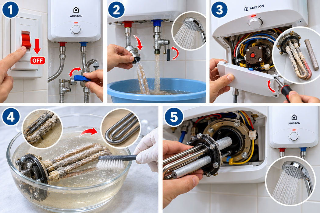 Quy trình 5 bước cách vệ sinh bình nóng lạnh Ariston gián tiếp chuẩn kỹ thuật