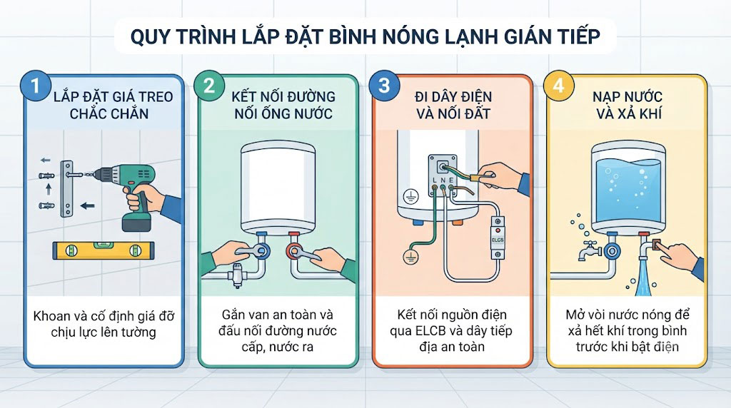Quy trình 4 bước cách lắp bình nóng lạnh gián tiếp chuẩn kỹ thuật tại nhà