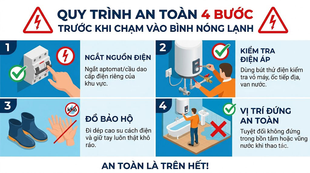 Các quy trình an toàn trước khi chạm vào bình nóng lạnh kiểm tra