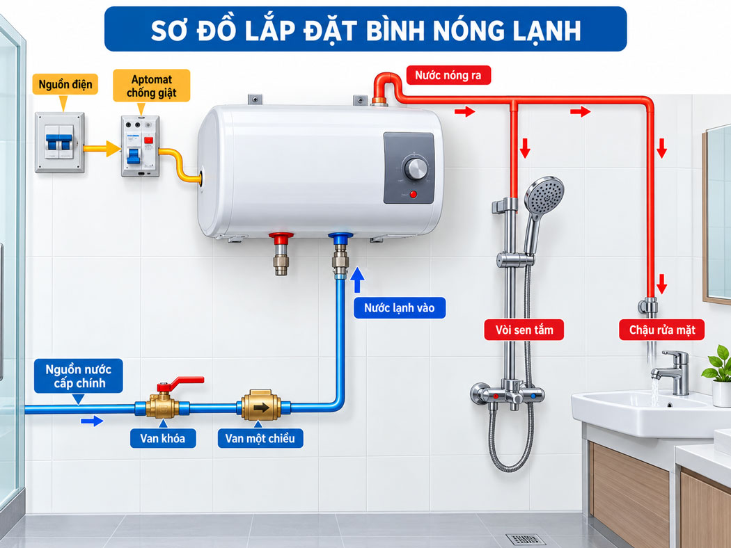 Sơ đồ lắp đặt bình nóng lạnh