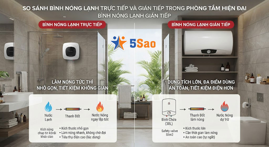 So sánh ưu và nhược điểm chi tiết bình nóng lạnh trực tiếp và gián tiếp