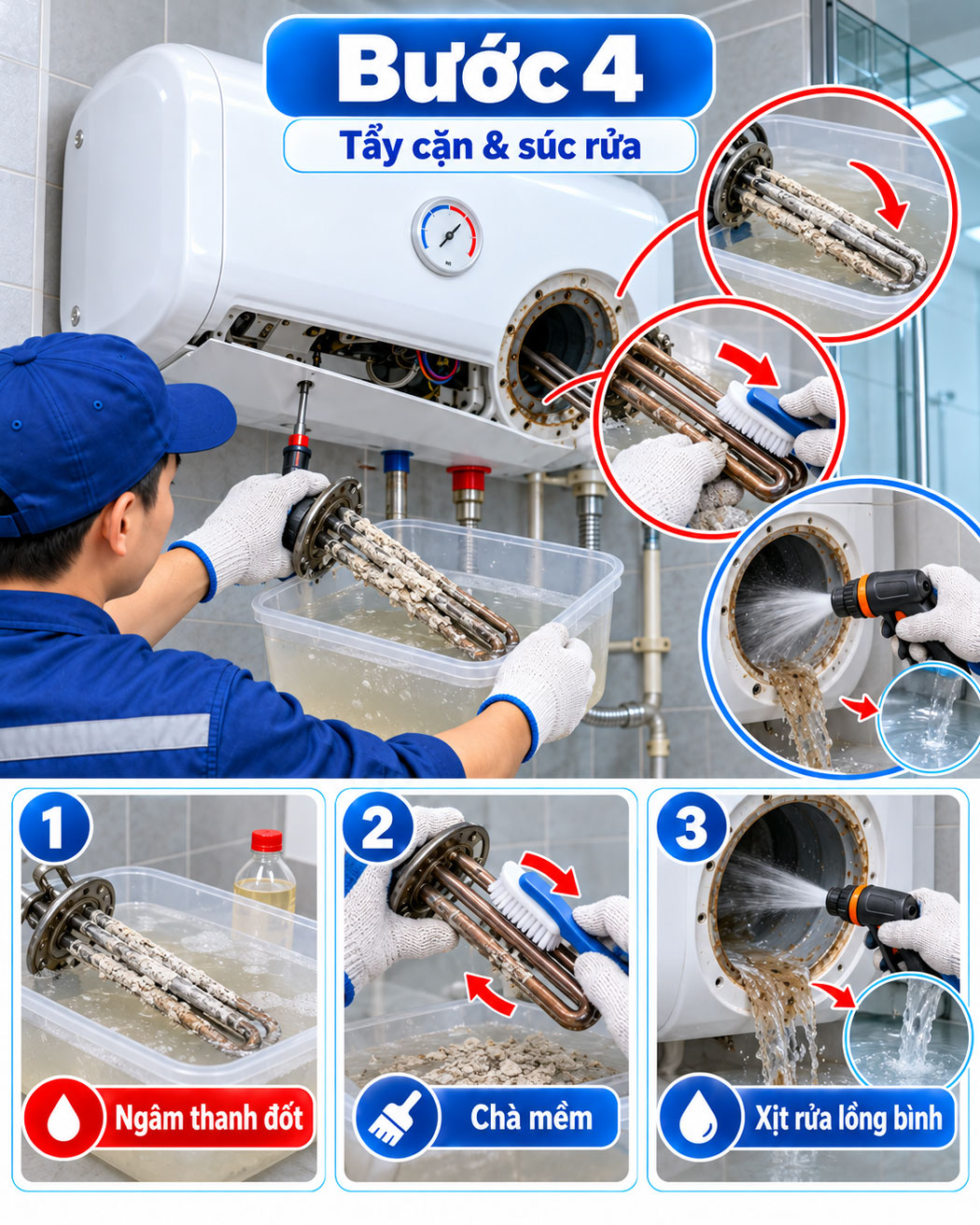 Tẩy cặn canxi thanh đốt và súc rửa lồng bình men Titan