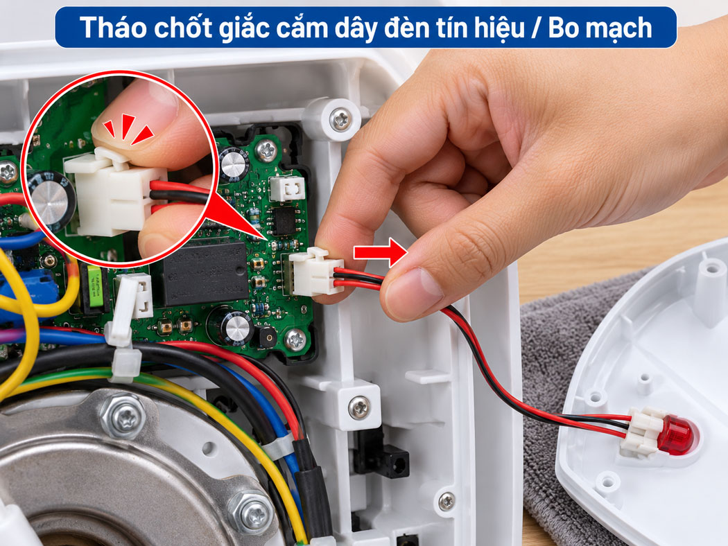Tháo chốt giắc cắm dây đèn tín hiệu / Bo mạch