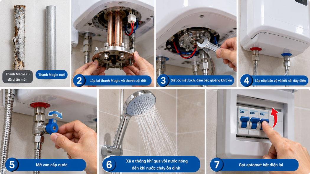 Thay thanh Magie mới, lắp ráp lại và xả e thông khí