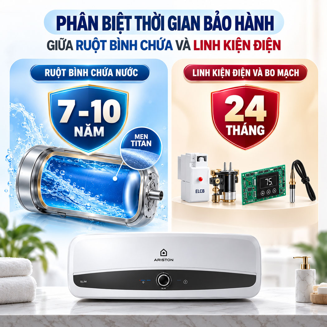 Thời gian bảo hành giữa ruột bình chứa và linh kiện điện