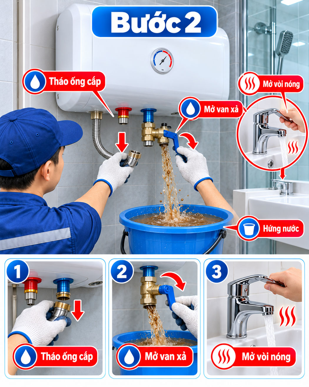 Xả cạn toàn bộ 30 lít nước trong ruột bình ra ngoài