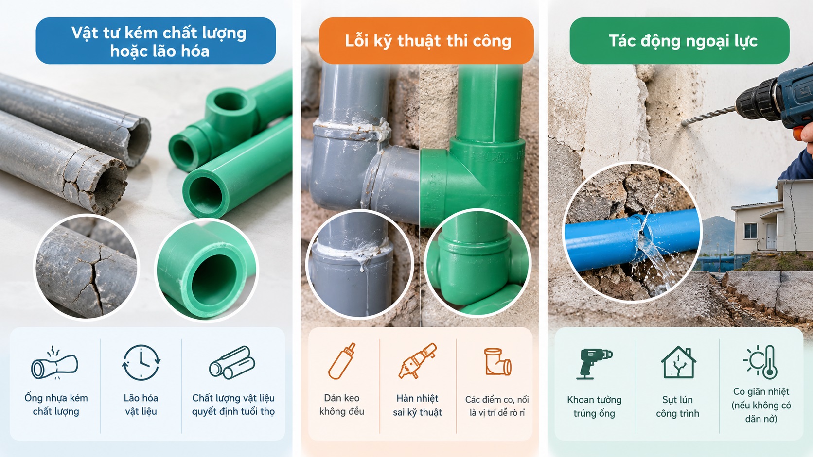 Nguyên nhân phổ biến gây nứt vỡ, rò rỉ nước đường ống âm tường