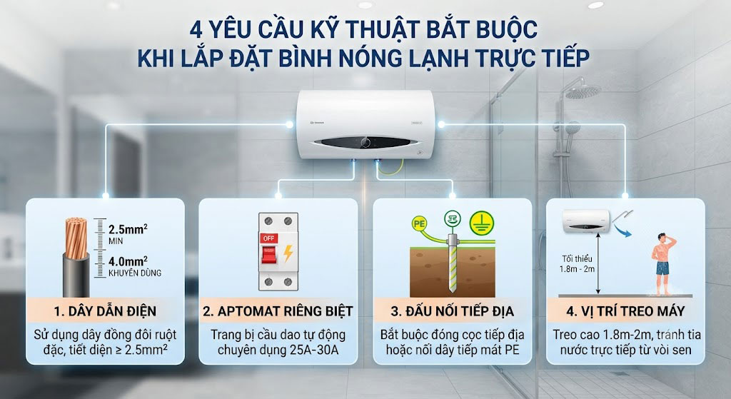 Yêu cầu kỹ thuật bắt buộc tham khảo khi lắp đặt bình trực tiếp để tránh rò điện